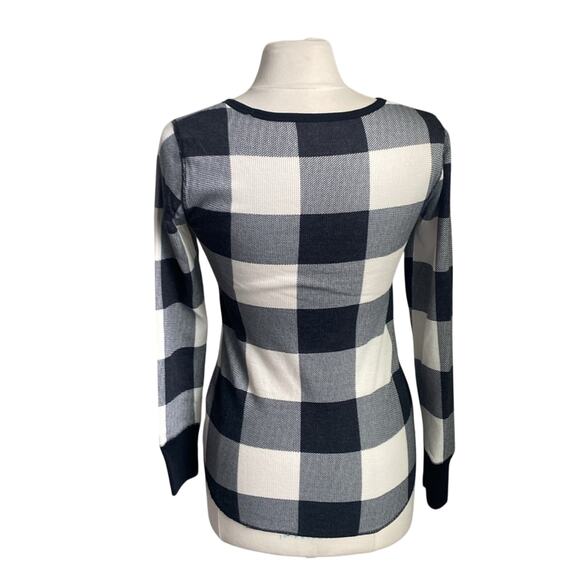 OLD NAVY Buffalo Plaid Top Womens Sz Small Black Waffle Thermal Long Sleeve - Picture 6 of 7